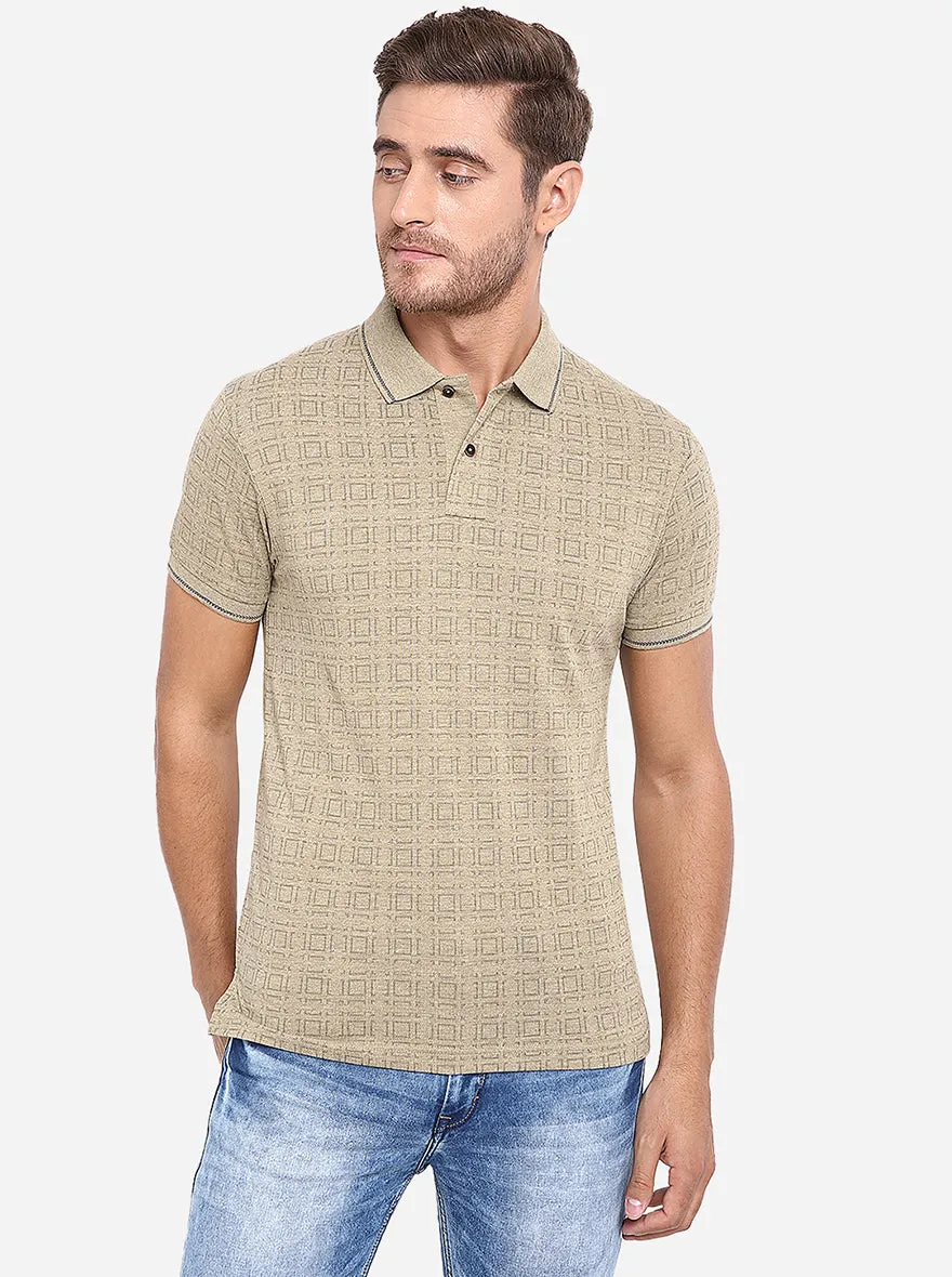 Beige Printed Slim Fit Polo T-Shirt | Greenfibre