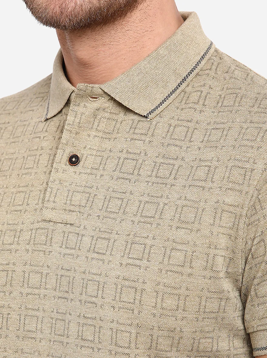 Beige Printed Slim Fit Polo T-Shirt | Greenfibre