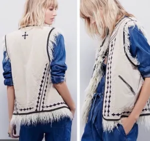 Embroidered Shag Faux Fur Reversible Boho Vest