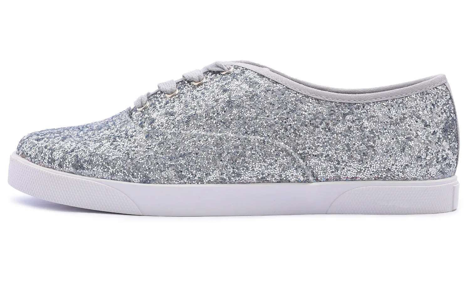 Feversole Women's Fashion Dress Sneakers Party Bling Casual Flats Embellished Shoes Silver Plimsolls Glitter Lace