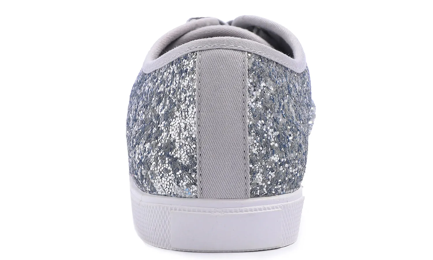 Feversole Women's Fashion Dress Sneakers Party Bling Casual Flats Embellished Shoes Silver Plimsolls Glitter Lace