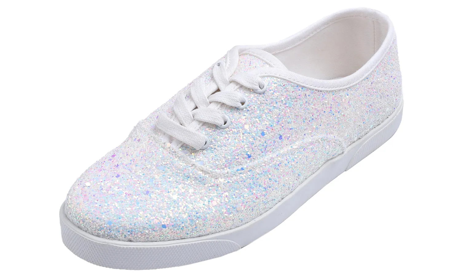 Feversole Women's Fashion Dress Sneakers Party Bling Casual Flats Embellished Shoes White Plimsolls Glitter Lace