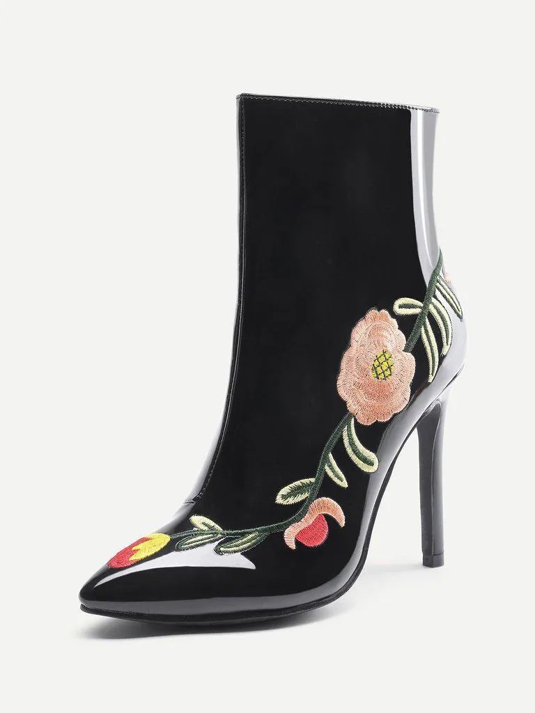 Flowers Embroidery Stiletto Ankle Boots