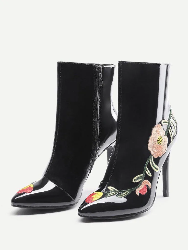 Flowers Embroidery Stiletto Ankle Boots