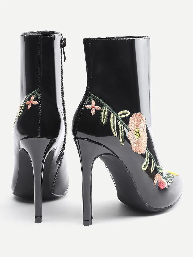 Flowers Embroidery Stiletto Ankle Boots