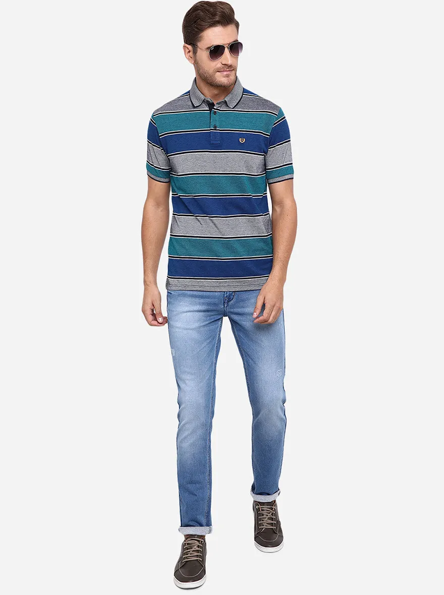 Green & Grey Striped Slim Fit Polo T-Shirt | JadeBlue