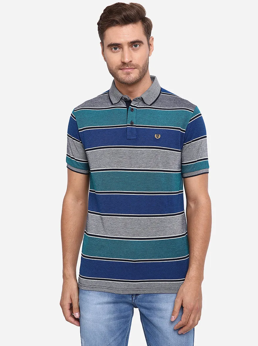 Green & Grey Striped Slim Fit Polo T-Shirt | JadeBlue