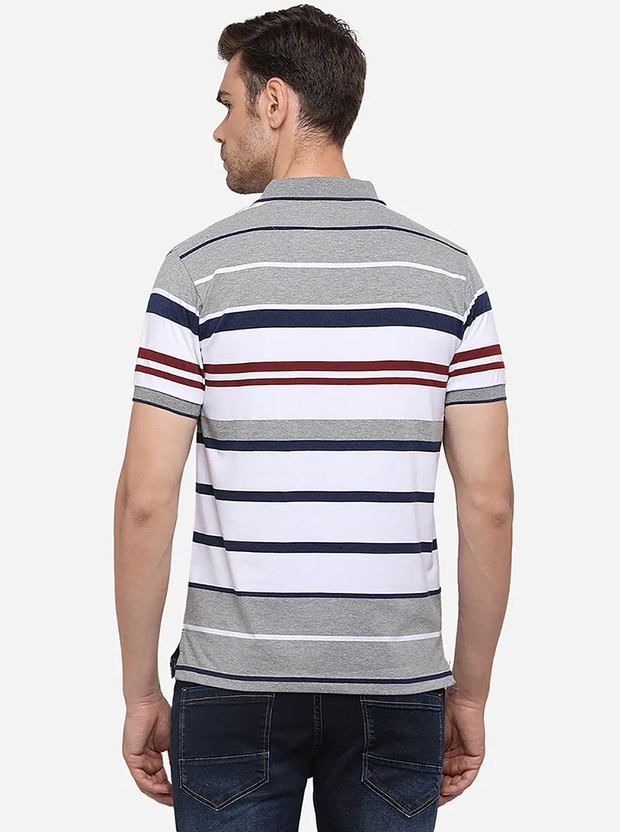 Grey Melange Striped Slim Fit Polo T-Shirt | Greenfibre