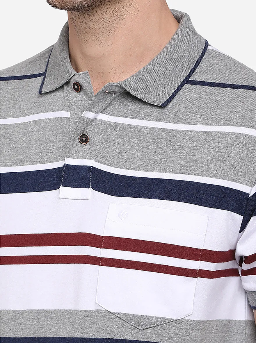 Grey Melange Striped Slim Fit Polo T-Shirt | Greenfibre