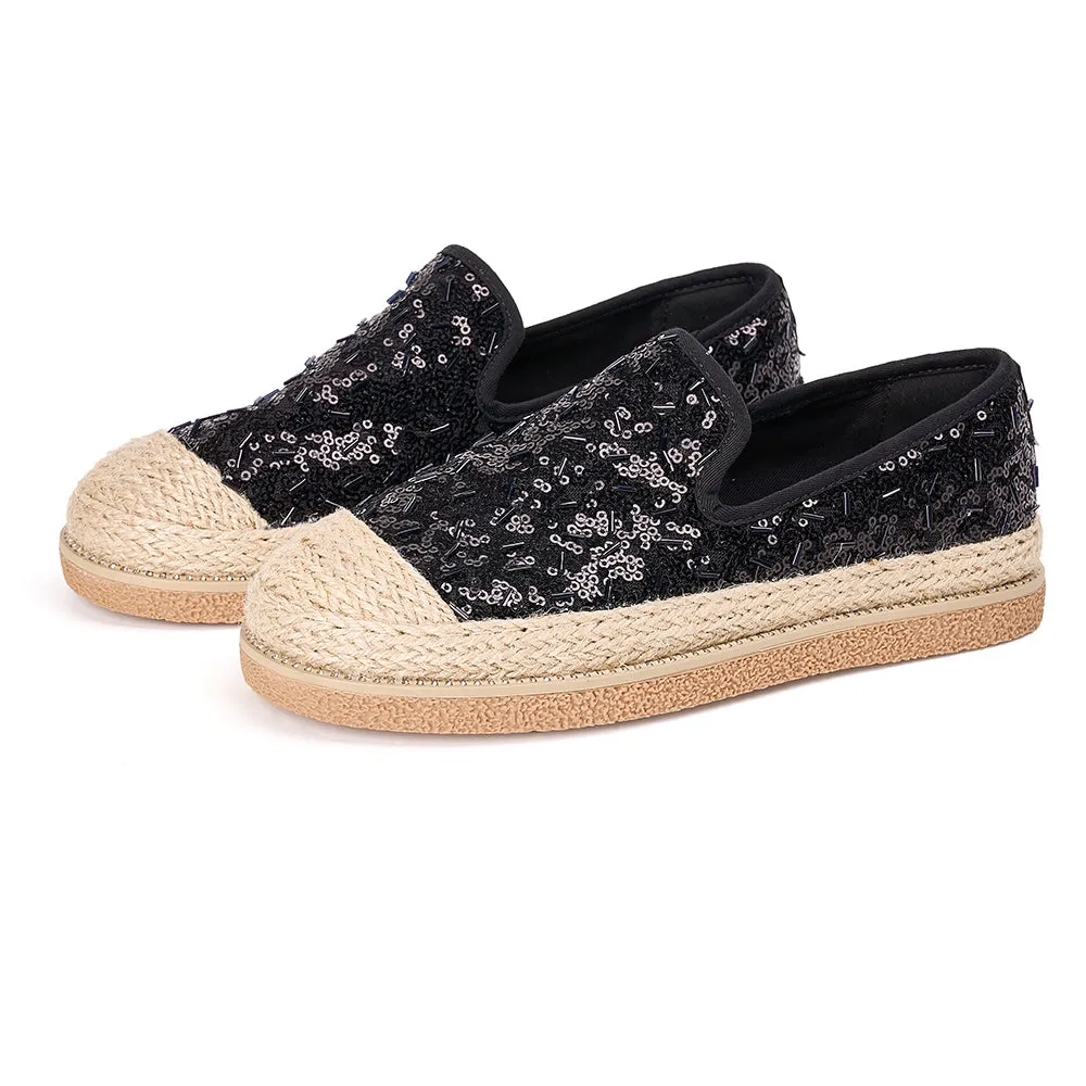 JOY&MARIO Handmade Women’s Slip-On Espadrille Sequins Mesh Loafers in Black-69280W