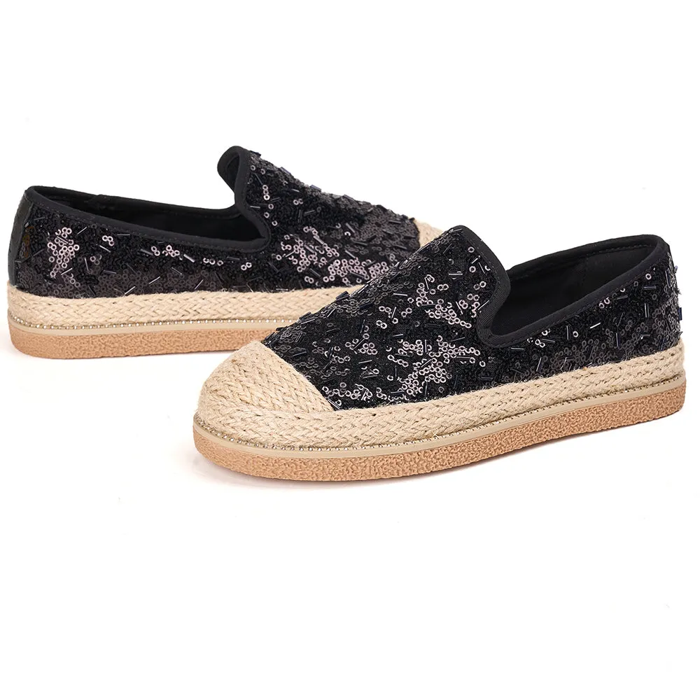 JOY&MARIO Handmade Women’s Slip-On Espadrille Sequins Mesh Loafers in Black-69280W