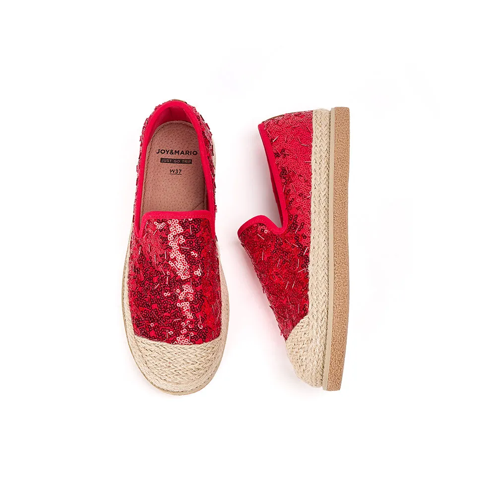 JOY&MARIO Handmade Women’s Slip-On Espadrille Sequins Mesh Loafers in Red-69280W