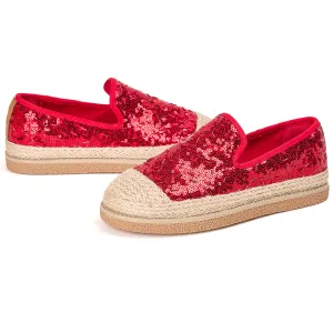 JOY&MARIO Handmade Women’s Slip-On Espadrille Sequins Mesh Loafers in Red-69280W