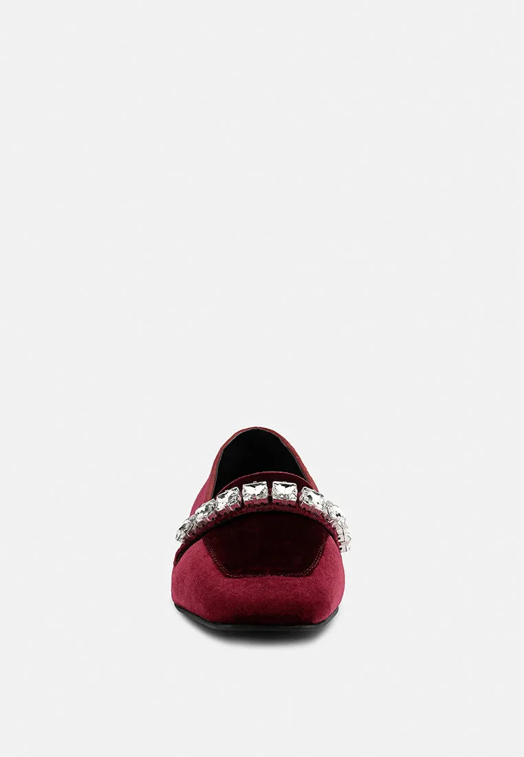 LAMINGTON Diamante Embellished Velvet Loafers in Burgundy