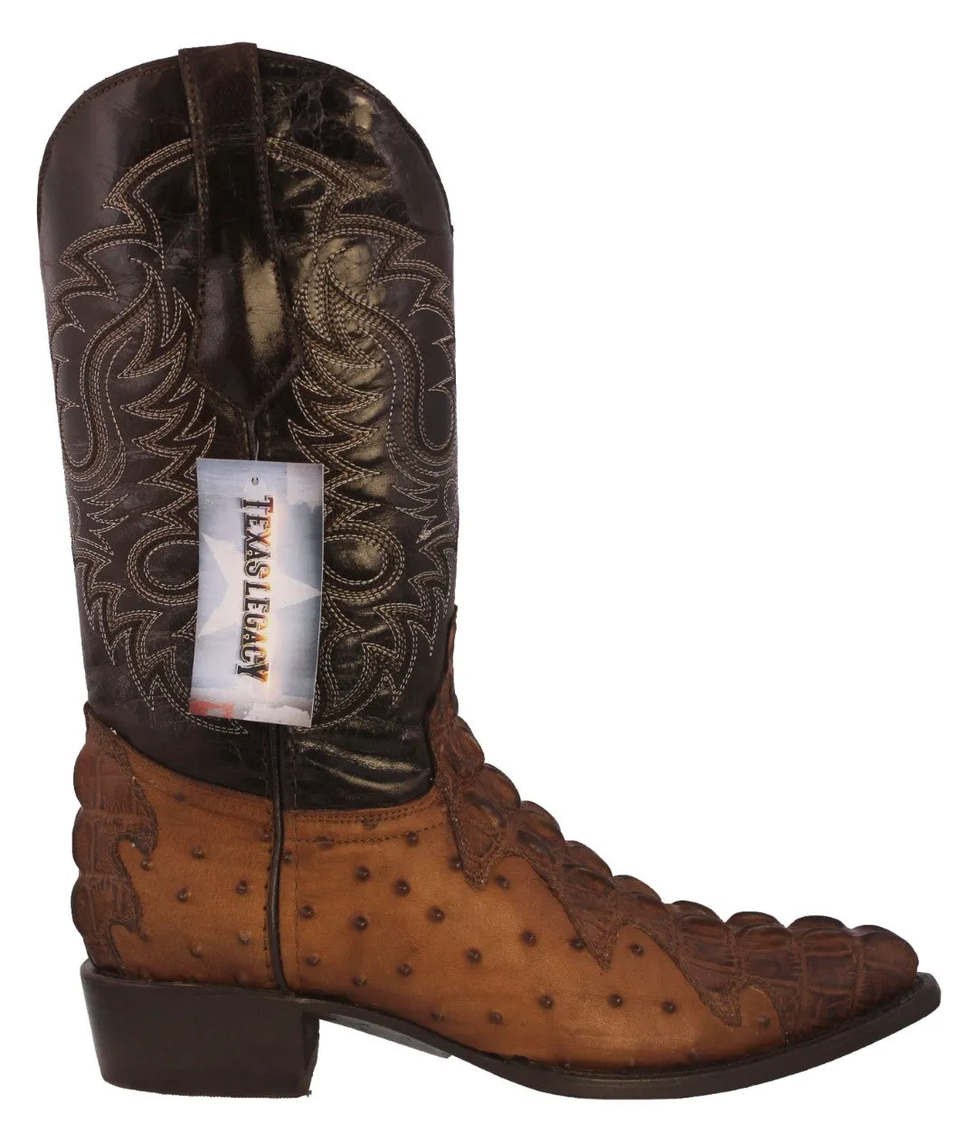 Mens Brown Crocodile & Ostrich Print Leather Cowboy Boots J Toe