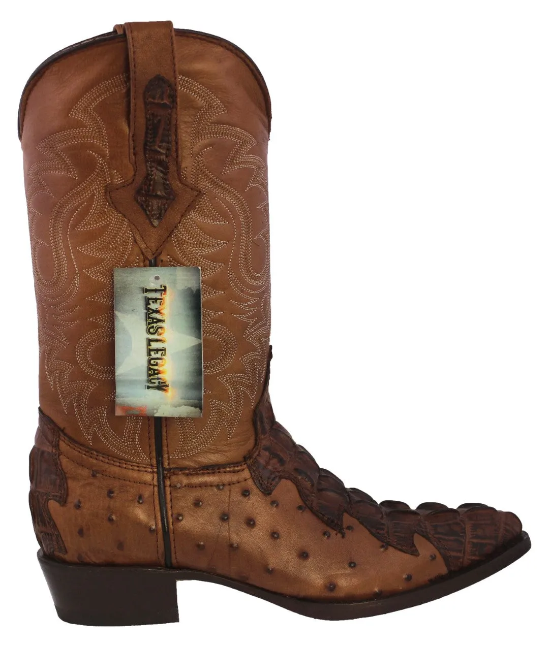 Mens Brown Crocodile & Ostrich Print Leather Cowboy Boots J Toe