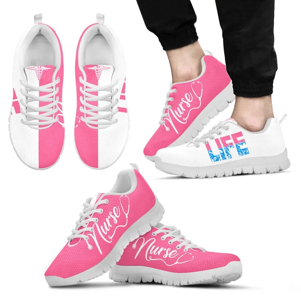 Nurse Sneaker, Nurse Life Pink White Sneakers Shoes, Best Shoes For Nurses