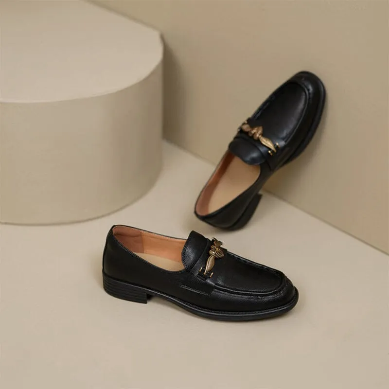 Soft Leather Loafers for Women with Metal Buckle in Coffee/Black