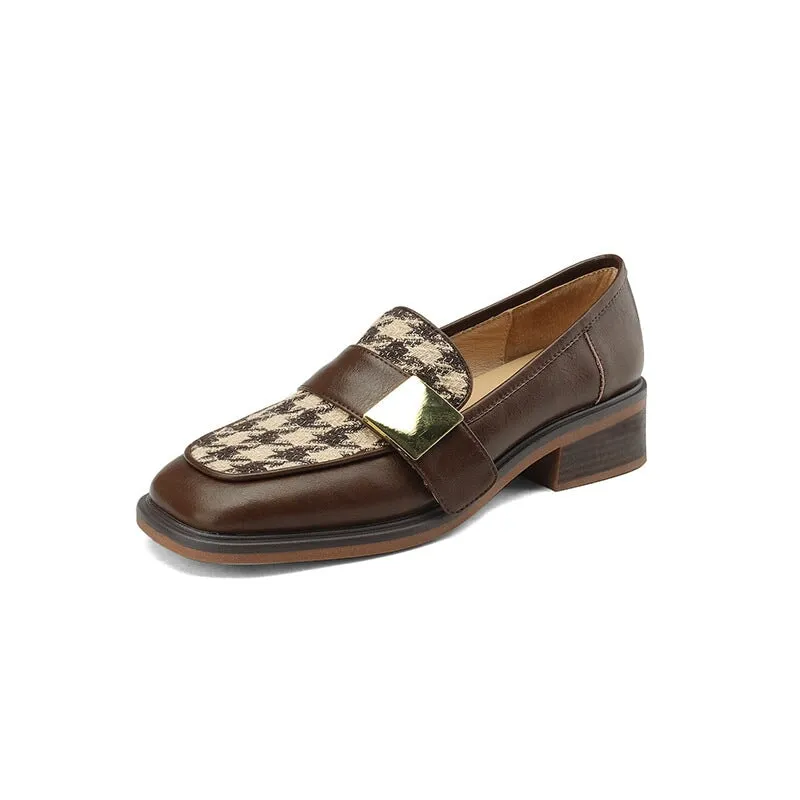 Soft Leather Loafers for Women with Metal Color Blocking in Black/Brown