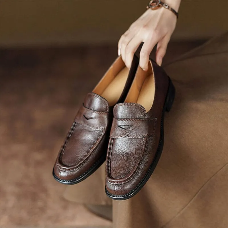 Soft Leather Penny Loafers for Women in Coffee/Black