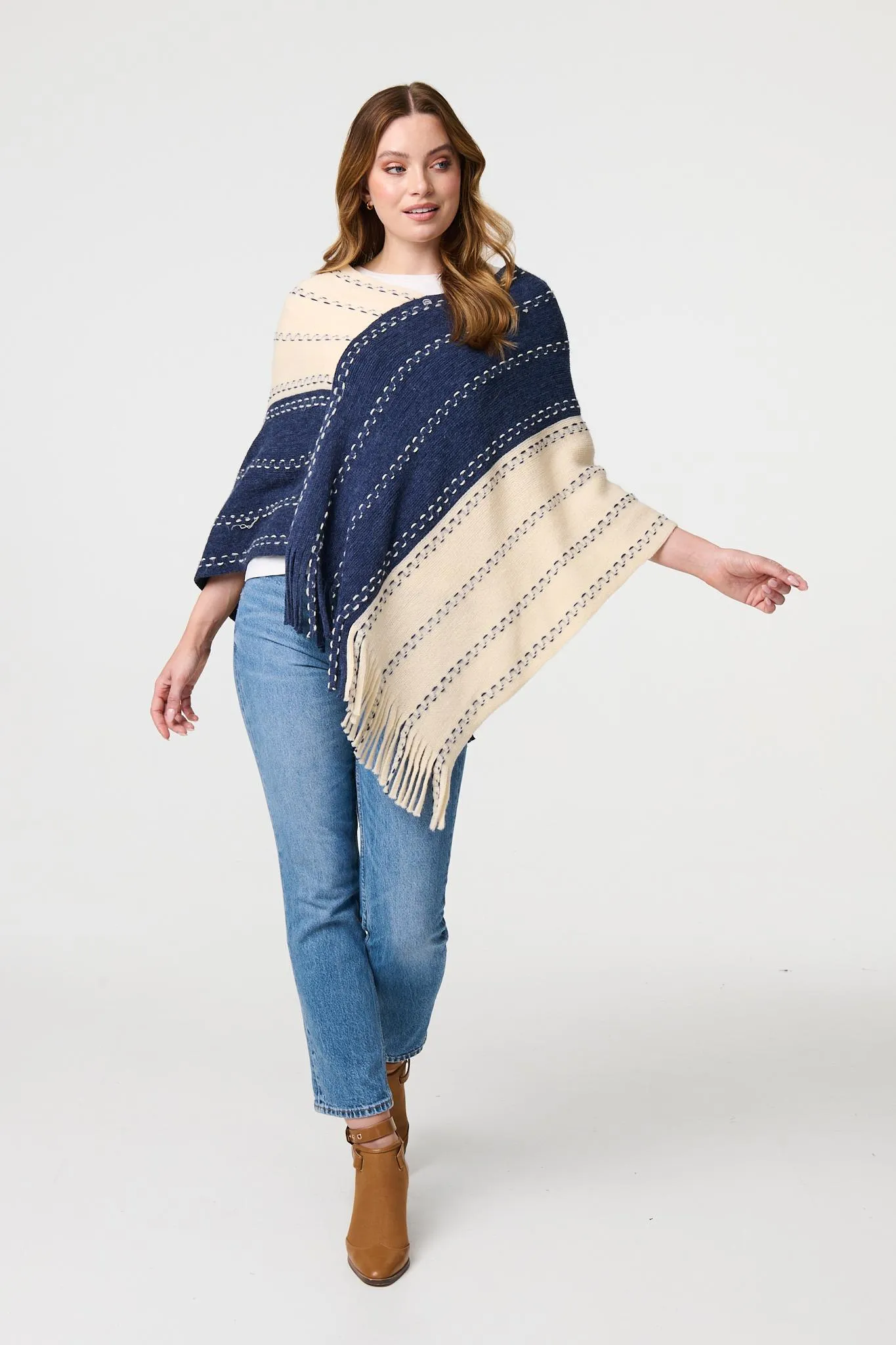 Striped Tassel Trim Oversized Poncho