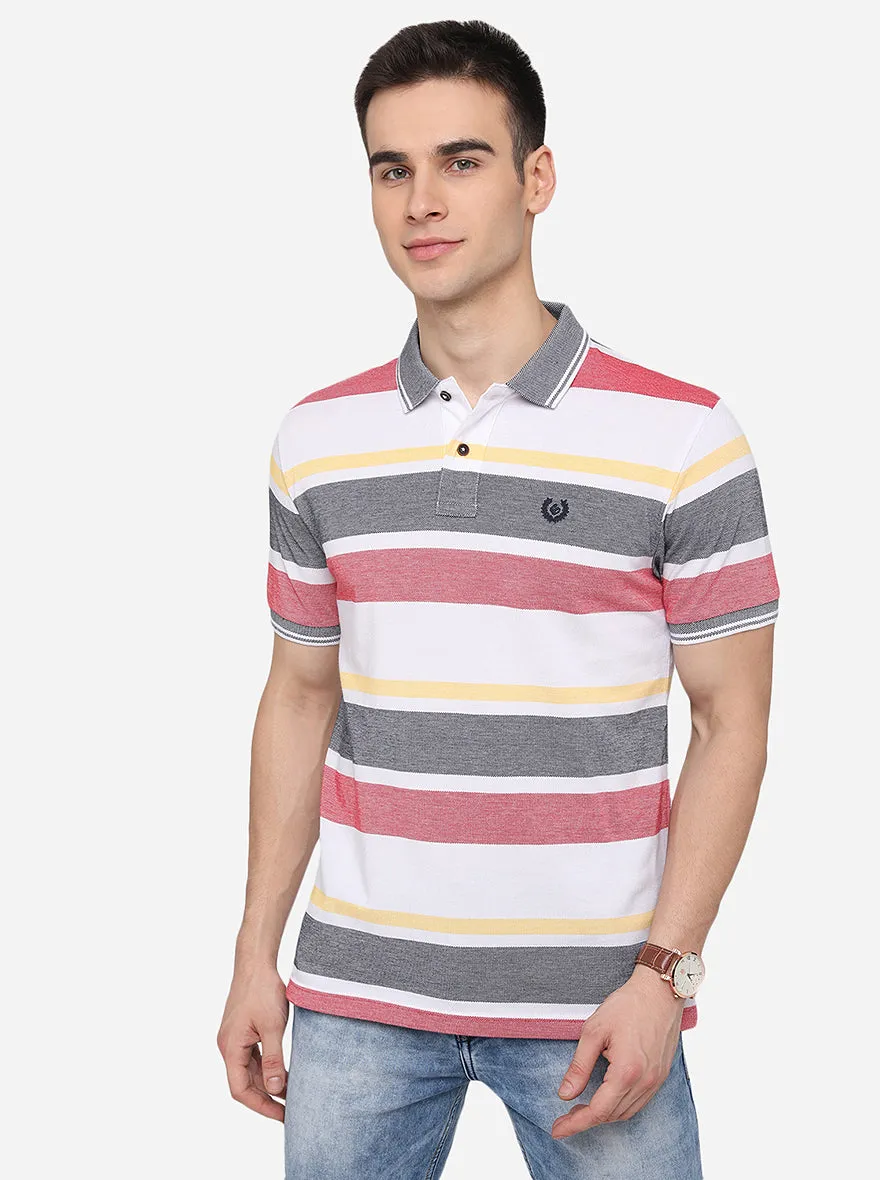 White & Red Striped Slim Fit Polo T-Shirt | Greenfibre