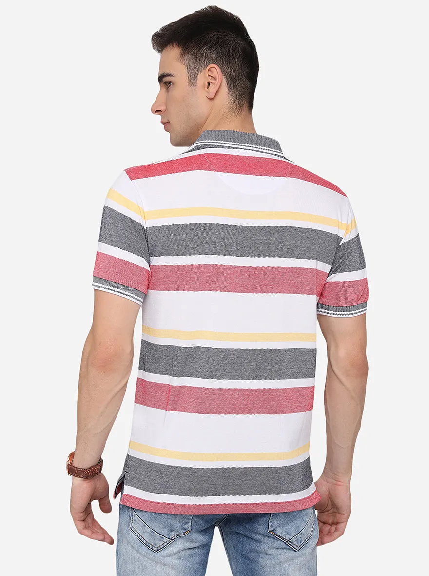 White & Red Striped Slim Fit Polo T-Shirt | Greenfibre