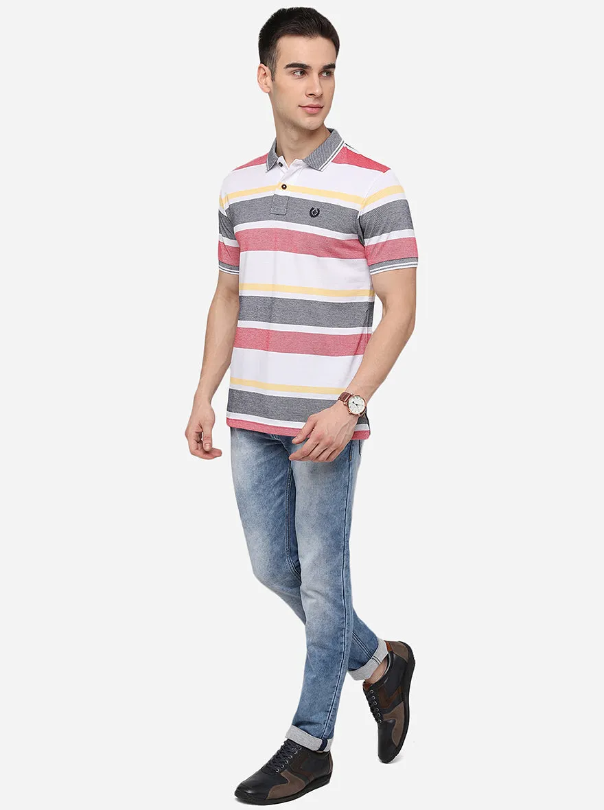 White & Red Striped Slim Fit Polo T-Shirt | Greenfibre