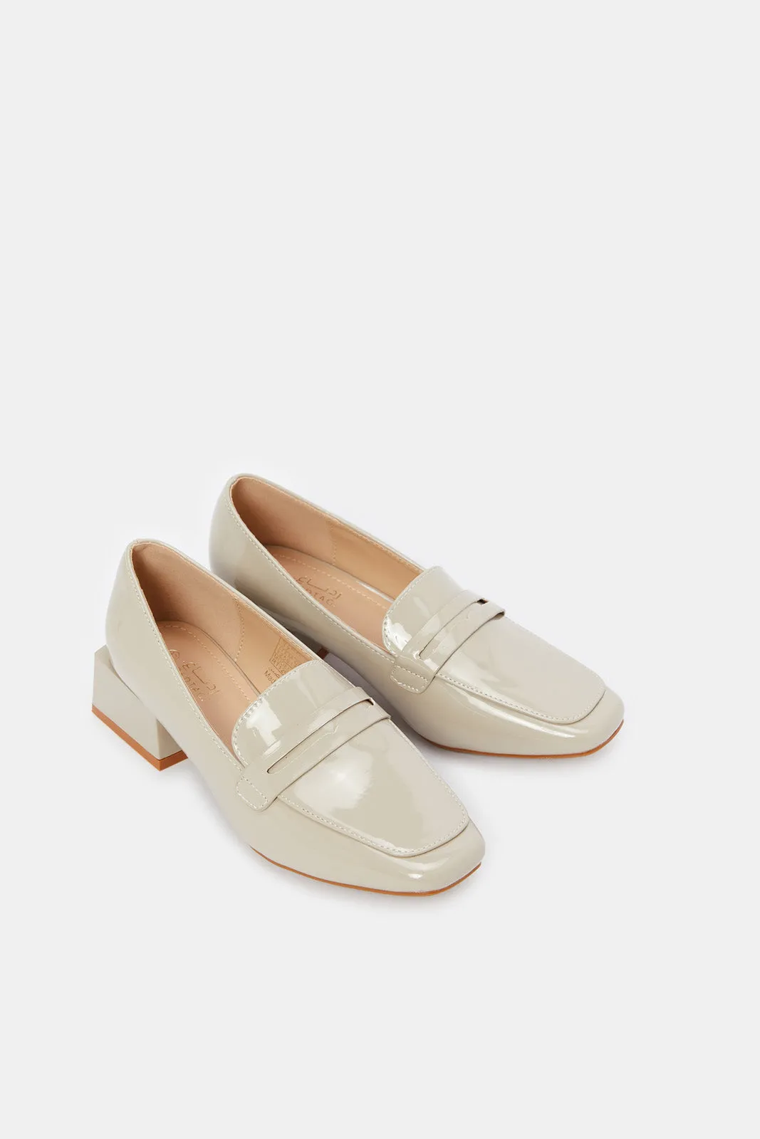 Women Beige Patent Heeled Loafer