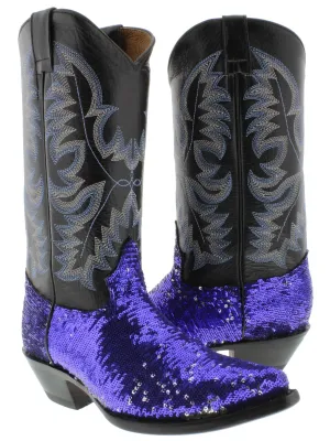 Women's Blue Sequins Western Rodeo Cowboy Boots Snip Toe